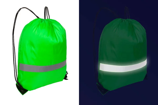 Green nylon drawstring bag with reflective tape — Zdjęcie stockowe