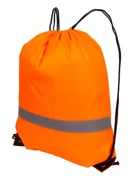Bolsa con cordón de nylon naranja con cinta reflectante, aislada sobre blanco Imagen de archivo