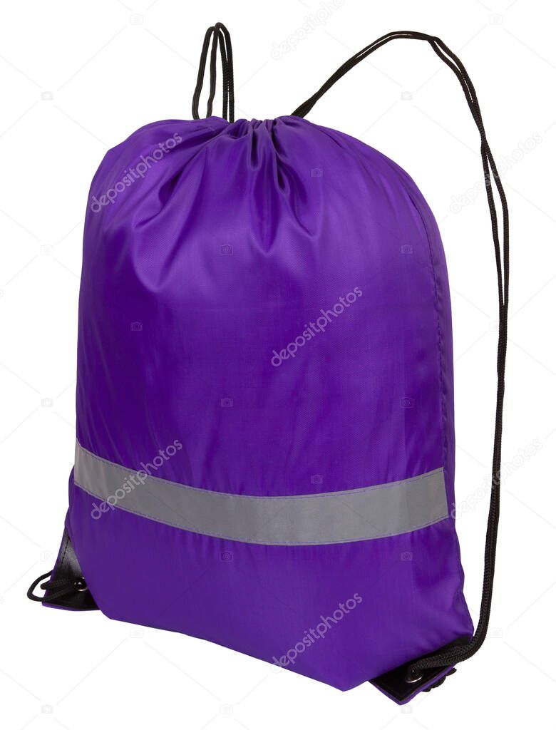 Violet nylon drawstring bag with reflective tape, isolated over white
