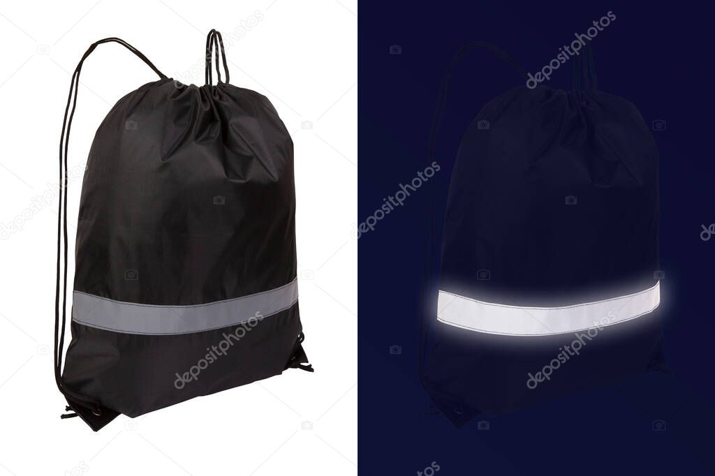 Black nylon drawstring bag with reflective tape