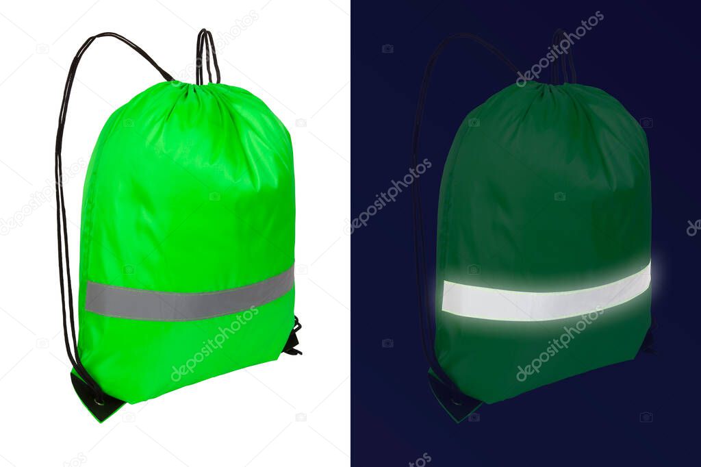 Green nylon drawstring bag with reflective tape