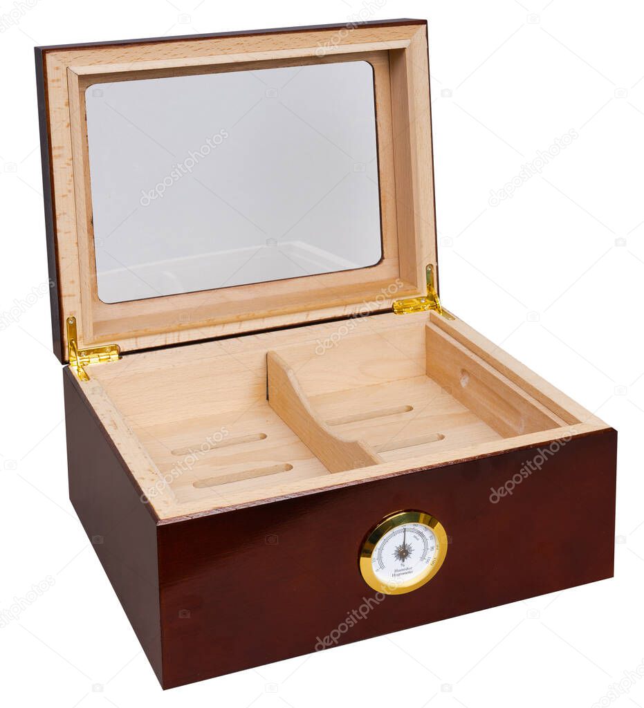 Open Red Wooden Humidor Cigar Box with Hygrometer