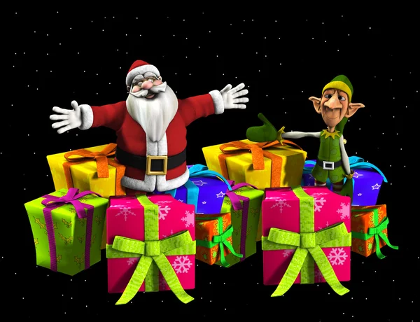 Babbo Natale con elfo e regali — Foto Stock
