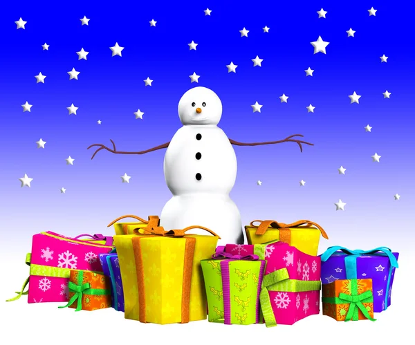 Sneeuwpop met geschenken — Stockfoto