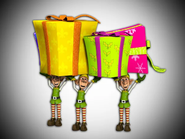 Elfos llevando grandes regalos —  Fotos de Stock