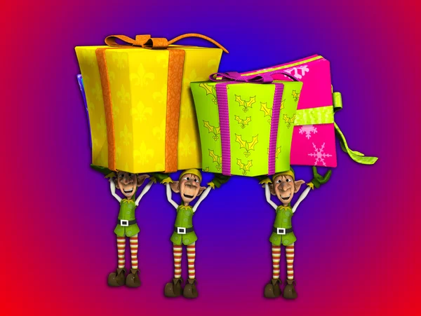 Elfos carregando grandes presentes — Fotografia de Stock