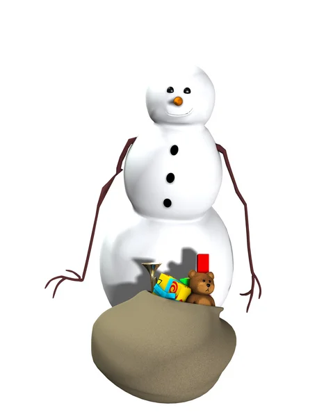 Boneco de neve com um saco de presentes — Fotografia de Stock