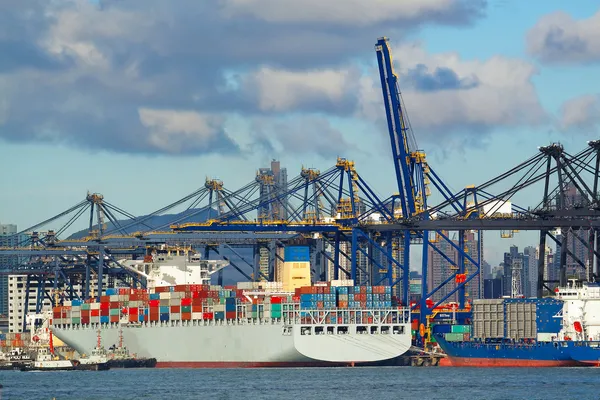 Trading seaport with cranes, cargoes and the ship — Stock Photo, Image