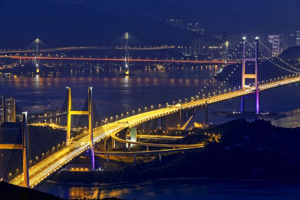 Tsing ma bridge di notte, Hong Kong Landmark — Foto Stock