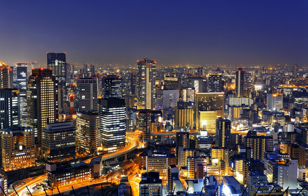 Panoramic view Osaka at night, Japan