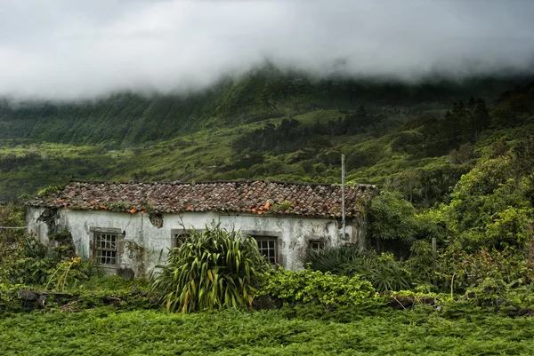 Edificio antiguo y montañas nubladas de flores acores islas —  Fotos de Stock