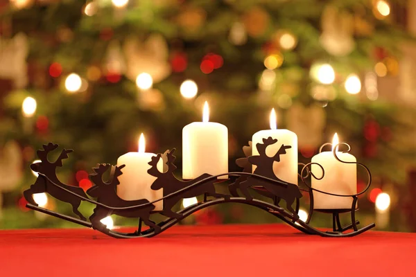 Table Decoration Four Advent Candles Reindeer Candle Holder Front Christmas — Stock Photo, Image