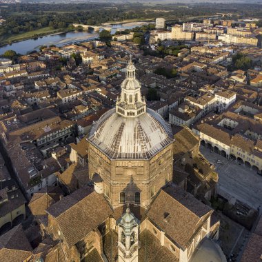 Drone view of the medieval city of Pavia in Italy : view of the Dome church and bell tower clipart