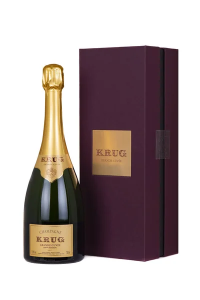 Láhev Krug Grande Cuve Champagne Originálním Obalem Izolované Bílém Pozadí — Stock fotografie