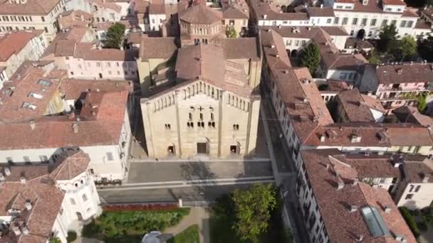 Drohnenaufnahme Der Mittelalterlichen Stadt Pavia Italien Sankt Michael Kirche San — Stockvideo