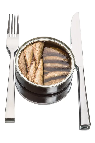 Sprats in a tin can and Dishware — Stock Photo, Image