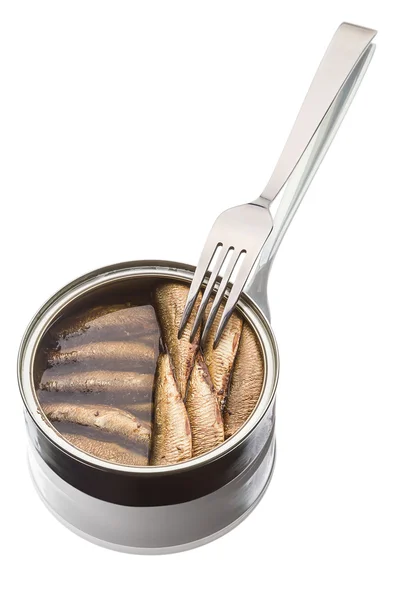 Sprats in can and fork — Stock Photo, Image