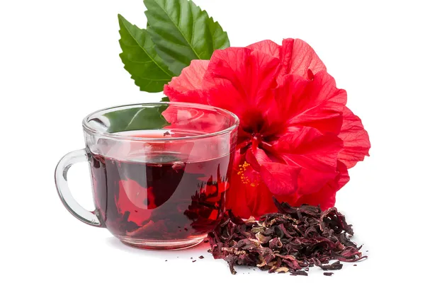 Красный цветок и горячий чай гибискус — стоковое фото