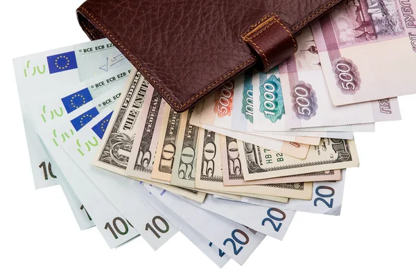 Dolary, euro, rosyjski robles w portfelu — Zdjęcie stockowe
