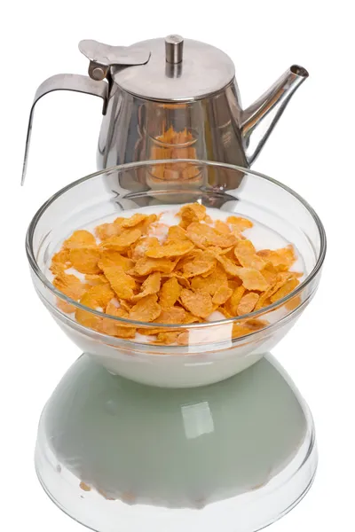 Crispy corn flakes and milkman — Stock Photo, Image