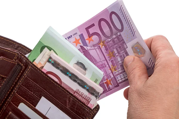 Hand and wallet with euro banknotes — Stock Photo, Image