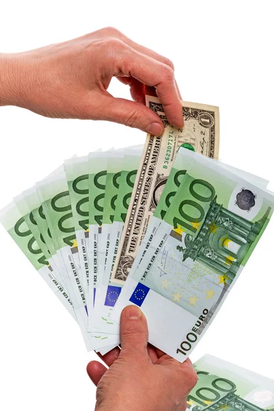 Um dólar e notas 100 euros — Fotografia de Stock