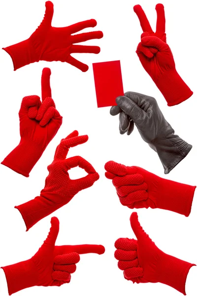 Hand gestures in a red and black glove — Stock Photo, Image