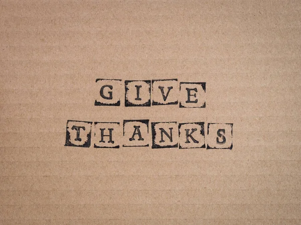 Cardboard Words Give Thanks Made Black Alphabet Stamps Close — Stock Photo, Image