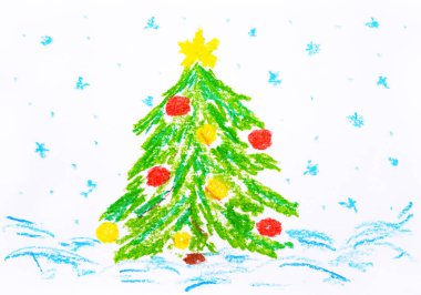 Karda süslenmiş Noel ağacı. Yağlı boya boya ile el çizimi.