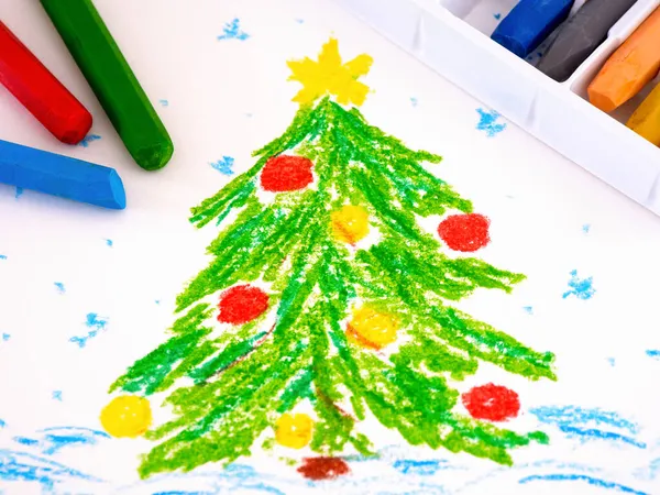 Versierde Kerstboom Sneeuw Een Hand Schilderstuk Oliepastel Schilderstuk Met Een — Stockfoto