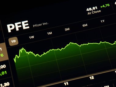 Tambov, Rusya Federasyonu - Kasım 06, 2021 Pfizer Inc. hisse senedi iPad ekranında. Pfizer Inc., çok uluslu bir ilaç ve biyoteknoloji şirketidir.