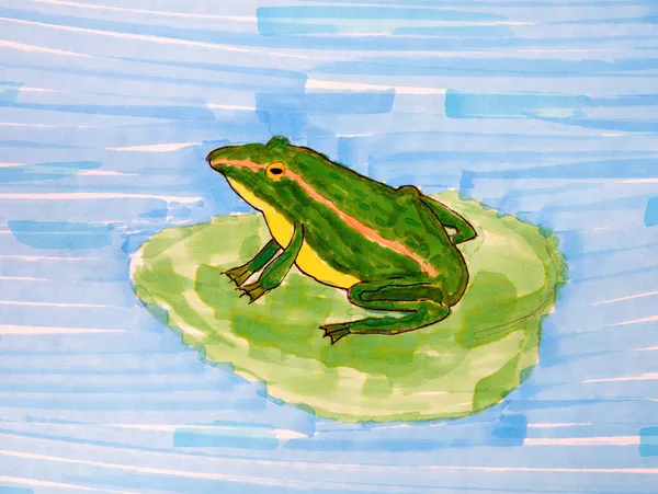 池塘里的水百合叶上的绿色青蛙 彩色标识绘制的儿童手绘图 — 图库照片
