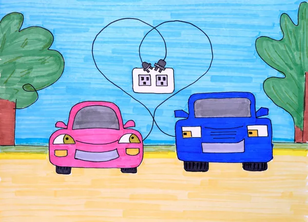 Два Влюбленных Электромобиля Готовы Зарядке Ручной Рисунок Помощью Цветовых Маркеров — стоковое фото