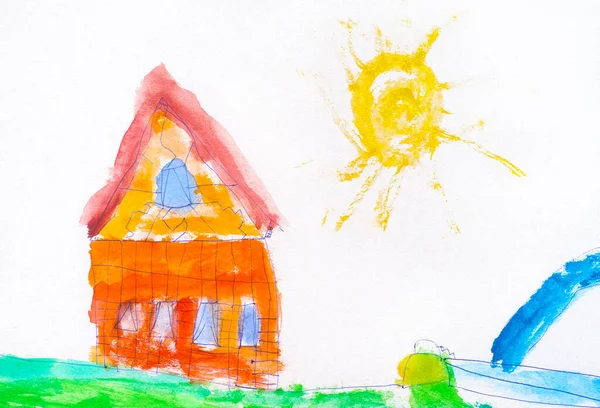 Acuarela Infantil Dibujo Mano Una Casa Naranja Hierba Sol Fuente —  Fotos de Stock