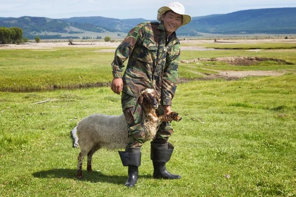 Pastor mongol pega um cordeiro — Fotografia de Stock