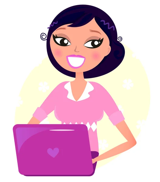 Office woman working with pink Laptop — Stock Vector