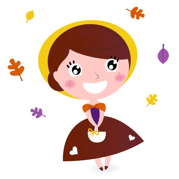 Cute girl with autumn leaves isolated on white — Stock Vector
