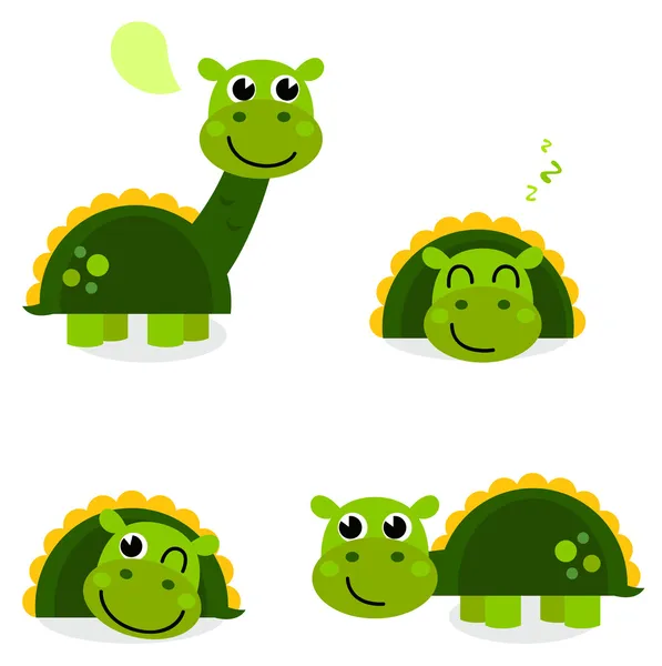 Cute green dinosaur set isolated on white — Stock Vector