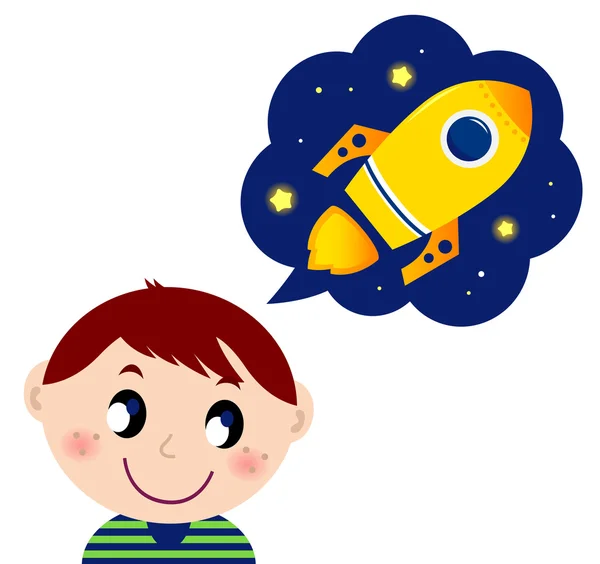 Pequeño niño soñando con cohete juguete — Vector de stock