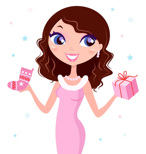 Linda mujer santa en traje de Navidad aislado en blanco — Vector de stock