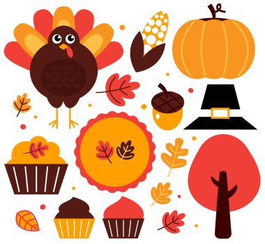 Colorful thanksgiving design elements isolated on white clipart