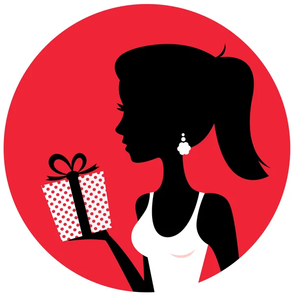 Silhouette de belle femme tenant présent isolé sur rouge — Image vectorielle