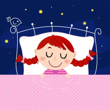 Cute little dreaming girl in bed with sky in the background clipart