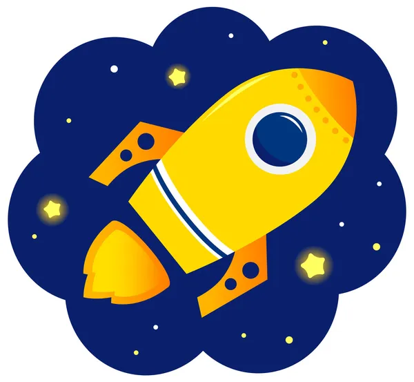 Cohete estilizado de dibujos animados en el espacio con estrellas — Vector de stock