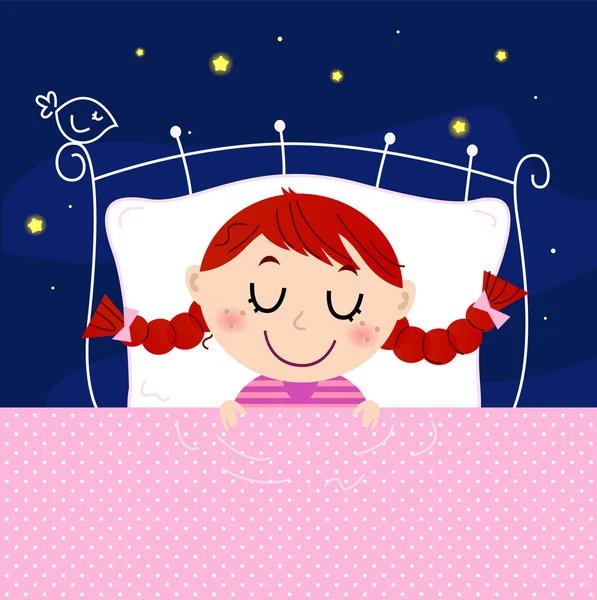 Cute little dreaming girl in bed with sky in the background — Stock Vector