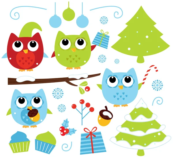 Christmas cartoon owls and decoration set isolated on white — Stock Vector