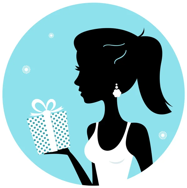 Beautiful woman silhouette with gift isolated on blue — Stock Vector