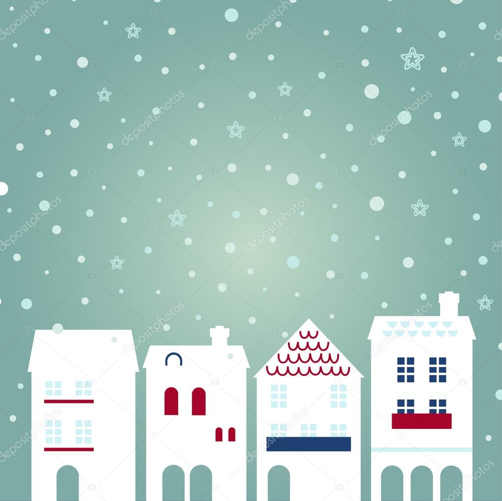 Christmas city on snowing background