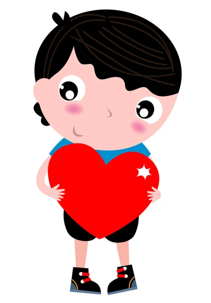 Lindo niño pequeño con corazón rojo aislado en blanco — Vector de stock