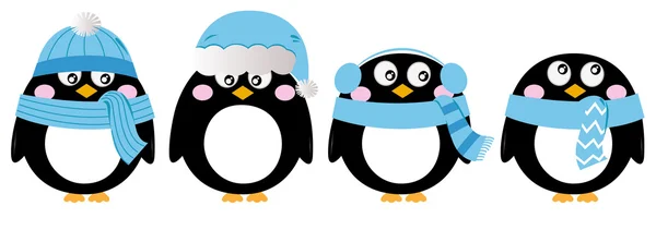 Lindo conjunto de pingüinos aislados en blanco (azul  ) — Vector de stock